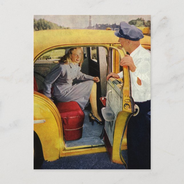 Vintages Geschäft, Taxifahrerin Frau Fluggast Postkarte (Vorderseite)
