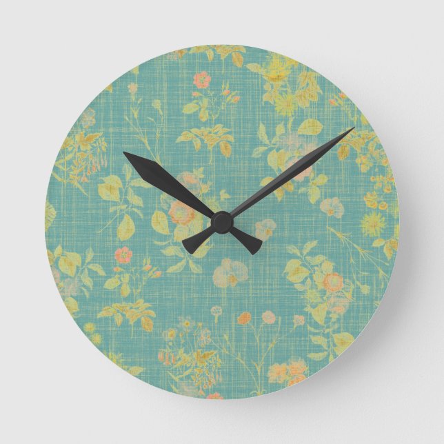 Vintages, gestörtes Aquamarines Federmuster Runde Wanduhr (Vorderseite)