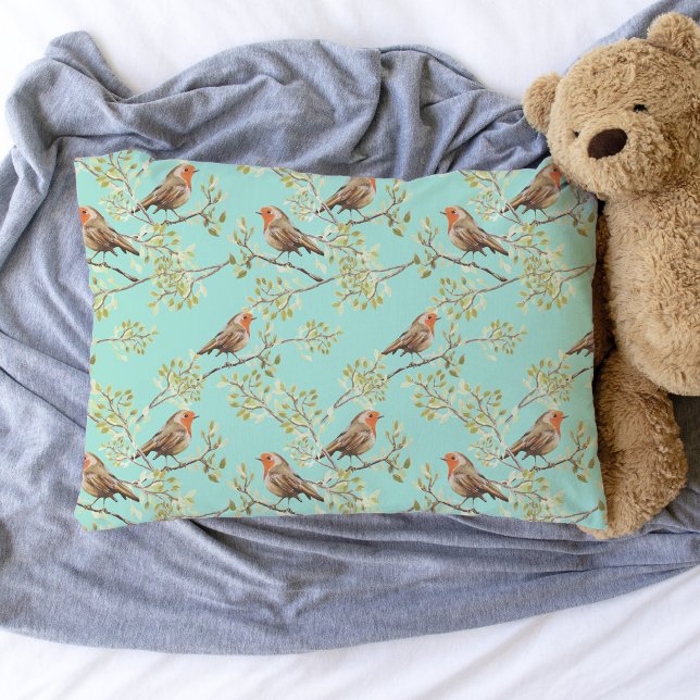 Vintages gezeichnetes europäisches Vogelmuster Kissenbezug (Vintage Red Robins Bird Pattern Pillowcase (add your own background colour))