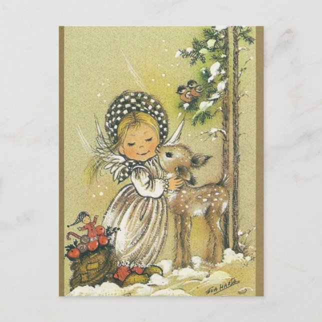 Vintages Girl Hugging Baby Deer Postkarte (Vorderseite)