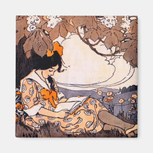 Vintages Girl Reading unter einem Baum Magnet