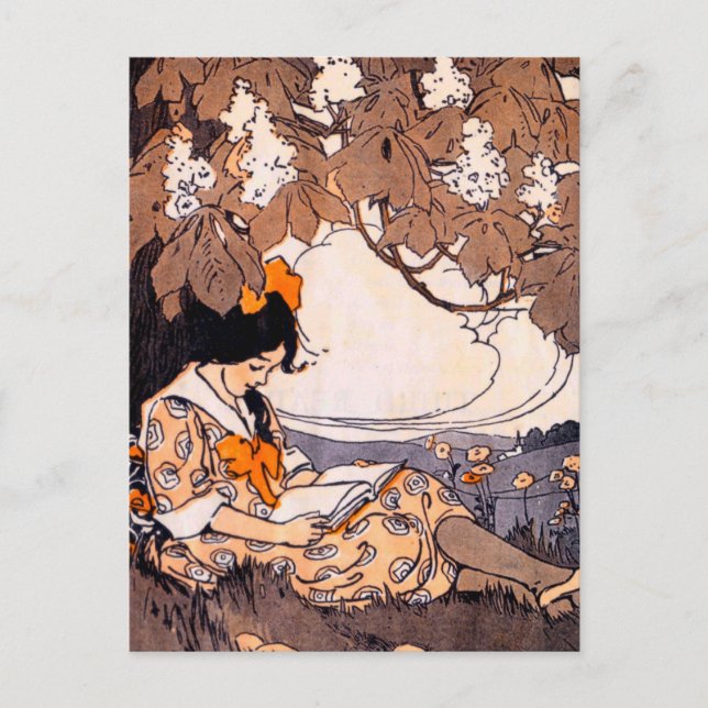 Vintages Girl Reading unter einem Baum Postkarte (Vorderseite)