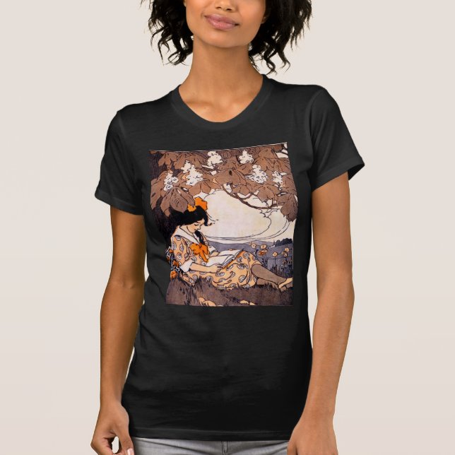 Vintages Girl Reading unter einem Baum T-Shirt (Vorderseite)