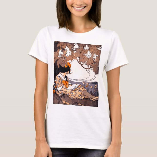 Vintages Girl Reading unter einem Baum T-Shirt (Vorderseite)