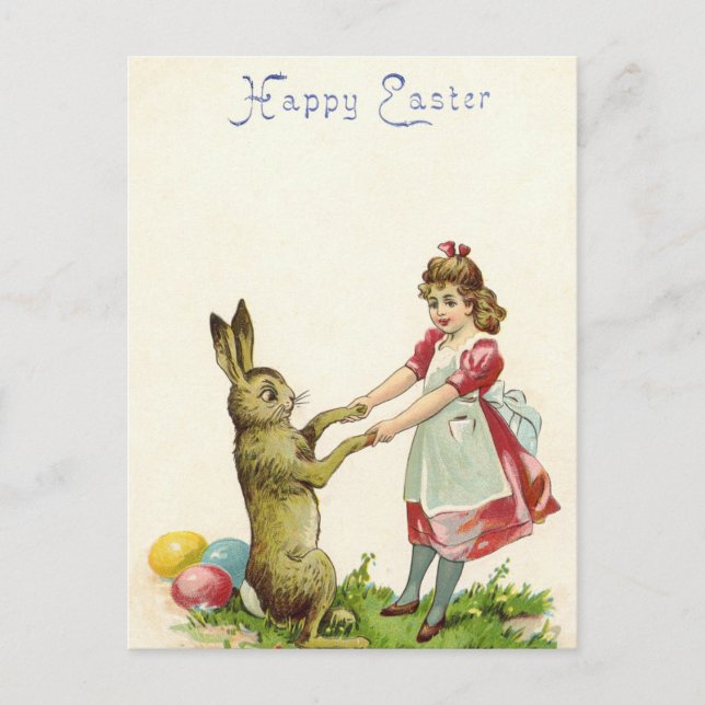 Vintages Girl-Tanz mit Bunny Ostereier Postkarte (Vorderseite)