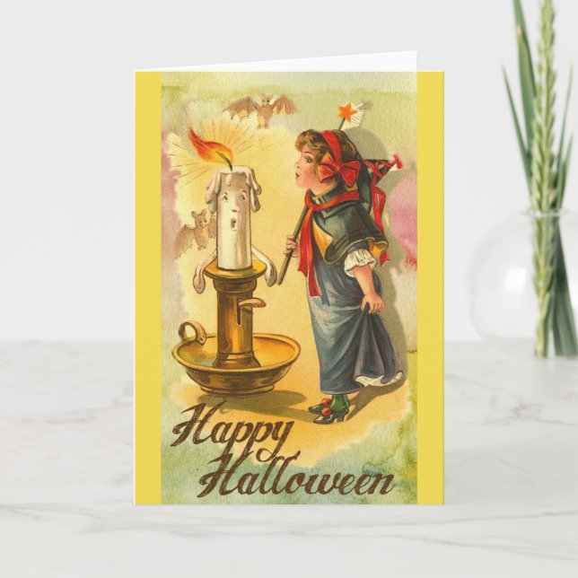 Vintages Glück Halloween-Mädchen bläst Kerze aus Karte (Vorderseite)