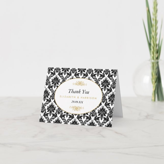 Vintages Gold Black & White Damask Hochzeitsdanken Dankeskarte (Vorderseite)