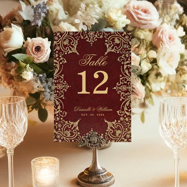 Vintages Gold Burgundy Red Elegante Hochzeit Tischnummer (Von Creator hochgeladen)