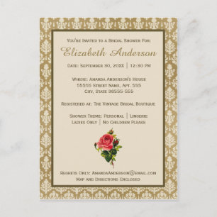 Vintages Gold Damask Rosa Brautparty Einladungspostkarte