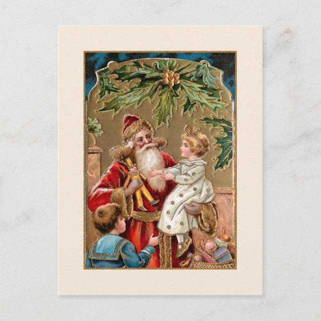 Vintages Gold Der Weihnachtsmann mit Kindern Postkarte (Vorderseite)