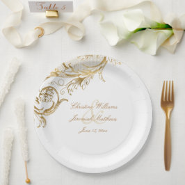 Vintages Gold Floral Damask Script White Wedding Pappteller