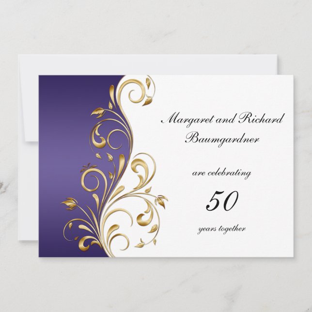 Vintages Gold Lila 50. Hochzeitstag Einladung (Vorderseite)