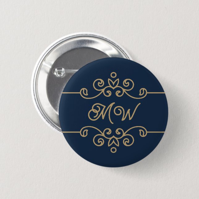 Vintages Gold & Navy Blue-Elegant-Monogramm Geblüh Button (Vorne & Hinten)