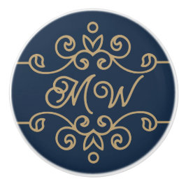 Vintages Gold & Navy Blue-Elegant-Monogramm Geblüh Keramikknauf