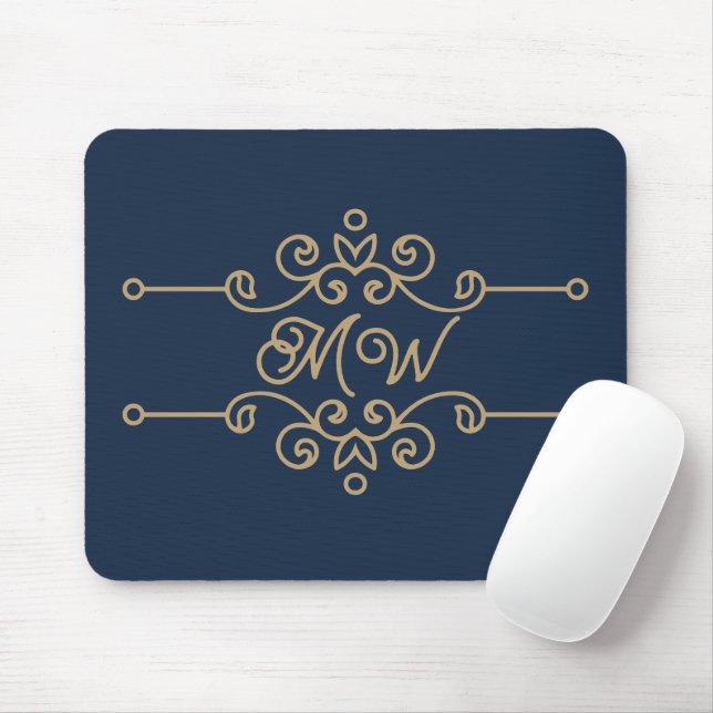 Vintages Gold & Navy Blue-Elegant-Monogramm Geblüh Mousepad (Mit Mouse)