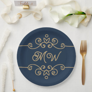 Vintages Gold & Navy Blue-Elegant-Monogramm Geblüh Pappteller