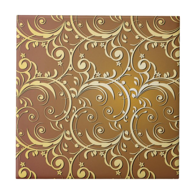 Vintages Gold und Beige Filigree Verziertes Muster Fliese (Vorderseite)