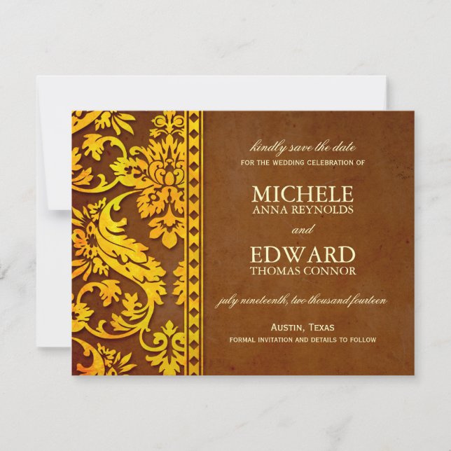 Vintages Gold und braune Damassohle Save the Date (Vorderseite)