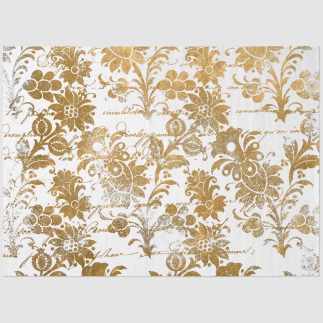 Vintages Gold White Damask Script Textur Muster Seidenpapier (Vorderseite)