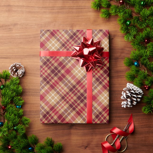Vintages goldbraunes Rot diagonal kariertes gemütl Geschenkpapier (Feiertagsgeschenk)