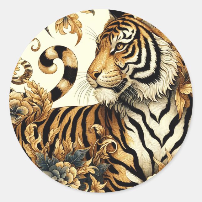 Vintages Golden Tiger Gemälde Runder Aufkleber (Vorderseite)