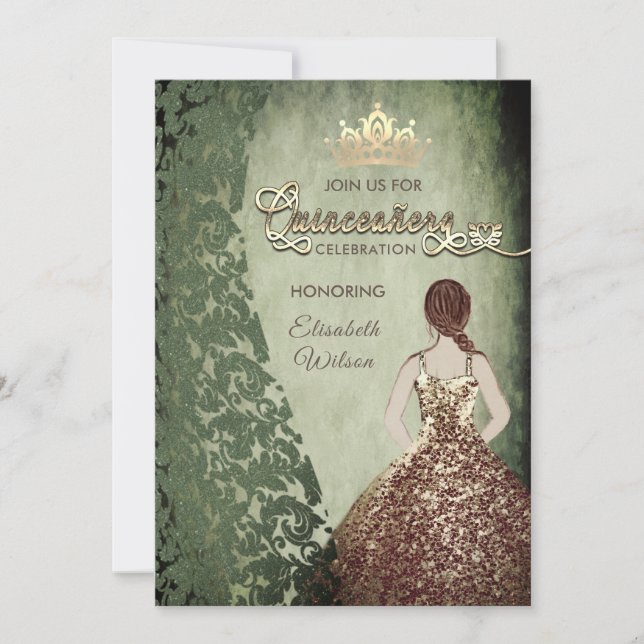 Vintages Goldkleid Damask tiara Quinceañera Einladung (Vorderseite)