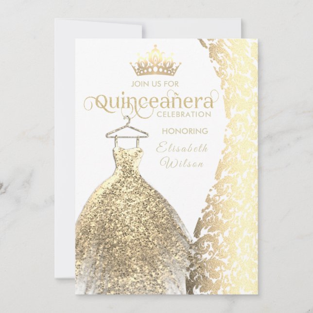 Vintages Goldkleid Damask tiara Quinceañera Einladung (Vorderseite)