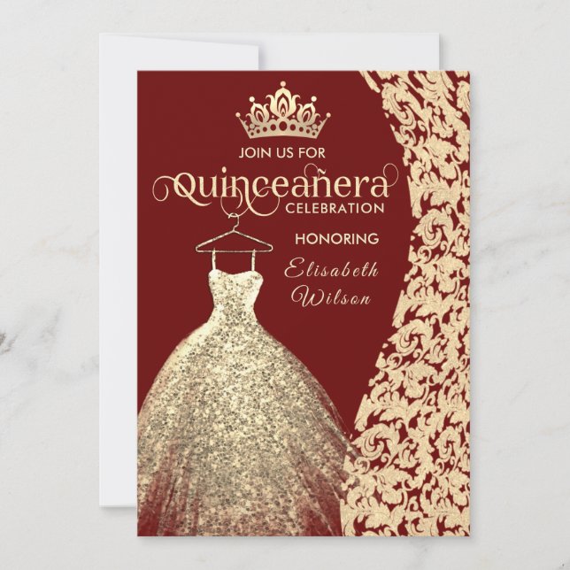 Vintages Goldkleid Damask tiara Quinceañera Rot Einladung (Vorderseite)