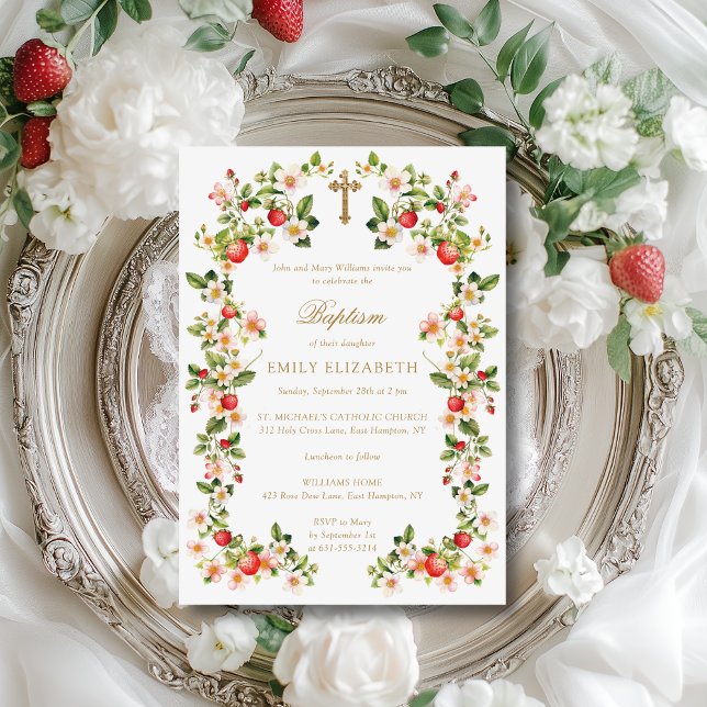 Vintages Goldkreuz Blume & Erdbeeren Taufe Einladung (This adorable baptism invite features strawberry fruits and flowers and a beautiful gold script font)