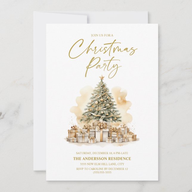 Vintages Goldweiße Weihnachtsbaumgeschenke Party Einladung (Vorderseite)