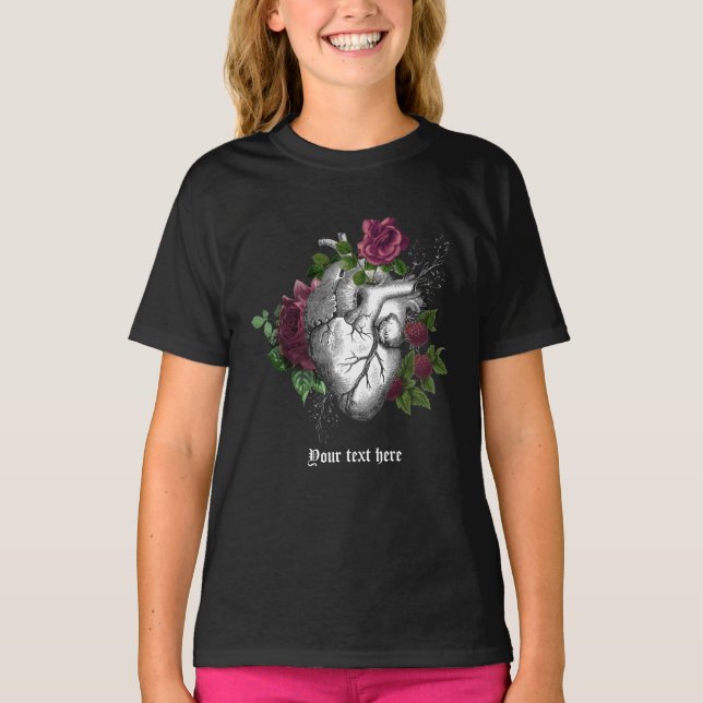 Vintages Gothic Burgund Blumenherz T-Shirt (Vorderseite)