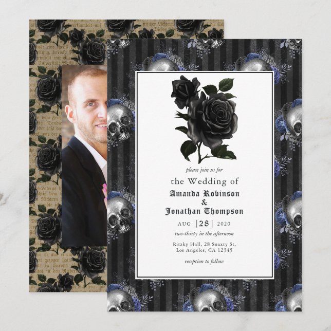 Vintages gotisches Blumenhochzeitungs-Foto Einladung (Vorne/Hinten)