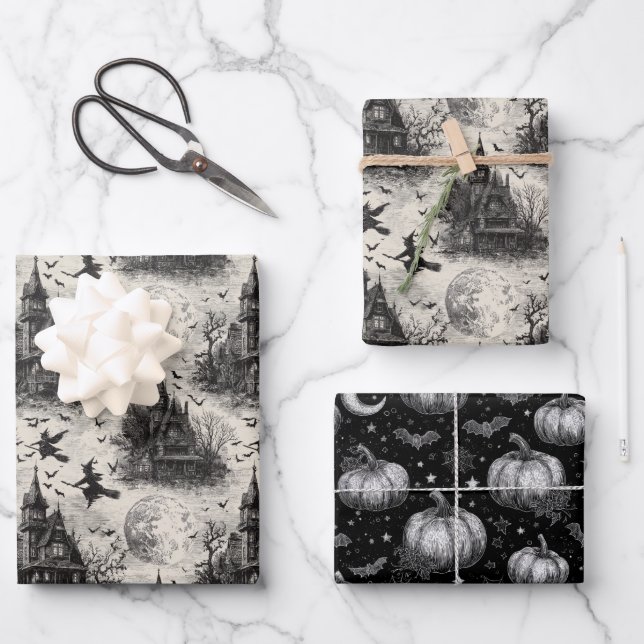 Vintages gotisches Halloween Geschenkpapier Set (Vorderseite)