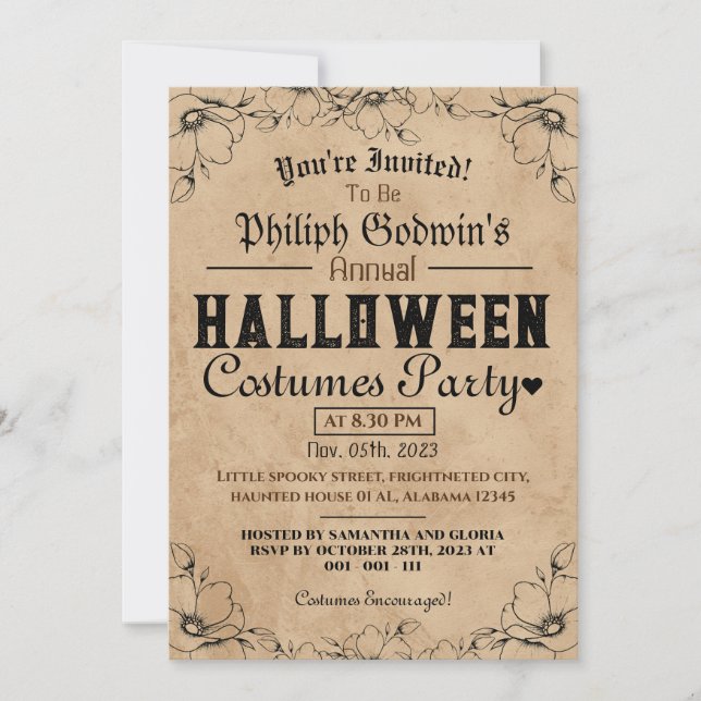 Vintages gotisches rustikales Halloween KostümPart Einladung (Vorderseite)