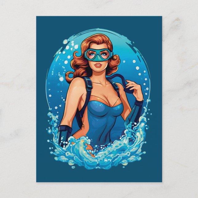Vintages Grafikdesign Scuba Diver Postkarte (Vorderseite)