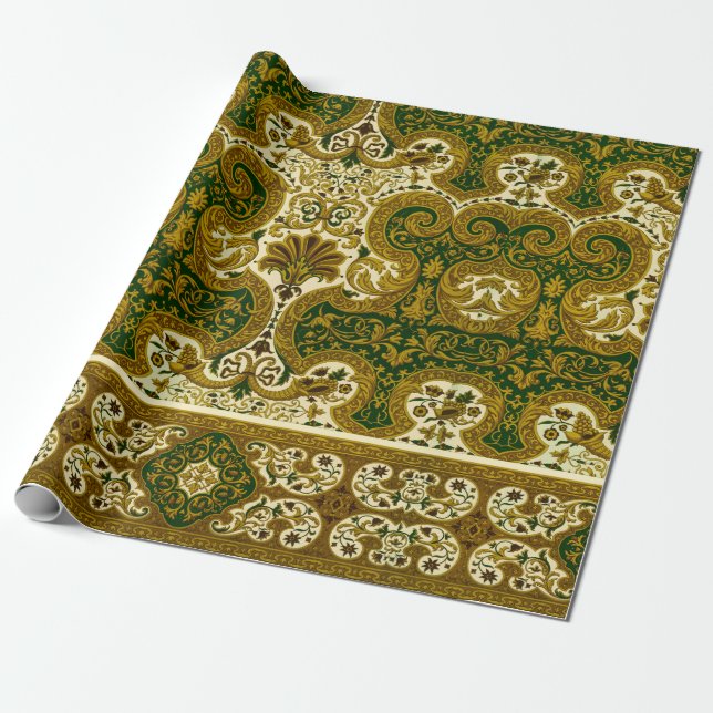Vintages Green und Gold Floral Muster Geschenkpapier (Ungerollt)
