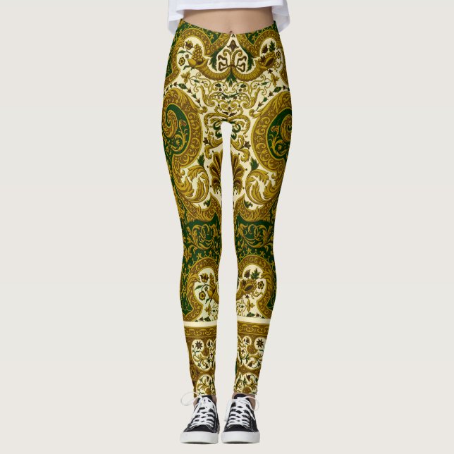Vintages Green und Gold Floral Muster Leggings (Vorderseite)