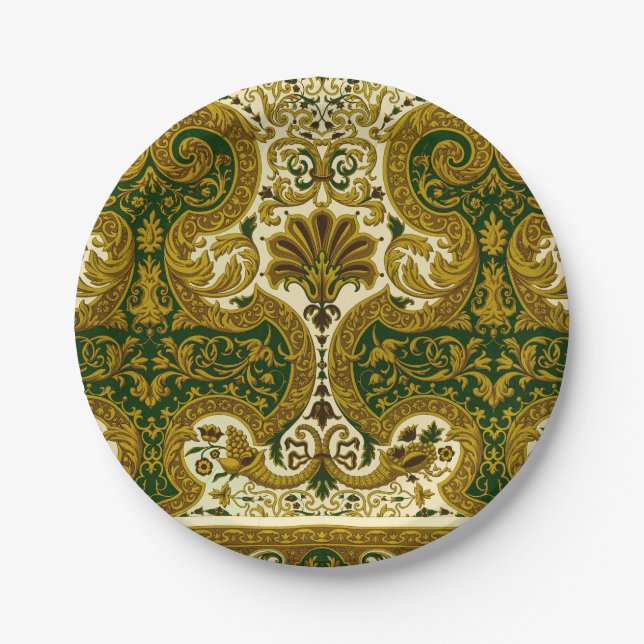 Vintages Green und Gold Floral Muster Pappteller (Vorderseite)