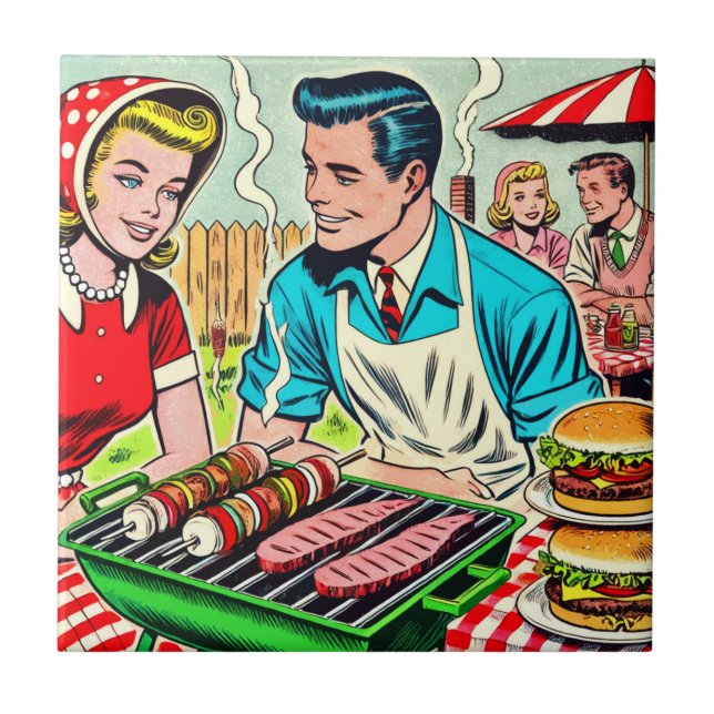 Vintages Grillrestaurant Couple Comic Fliese (Vorderseite)