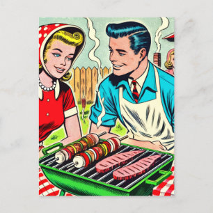 Vintages Grillrestaurant Couple Comic Postkarte