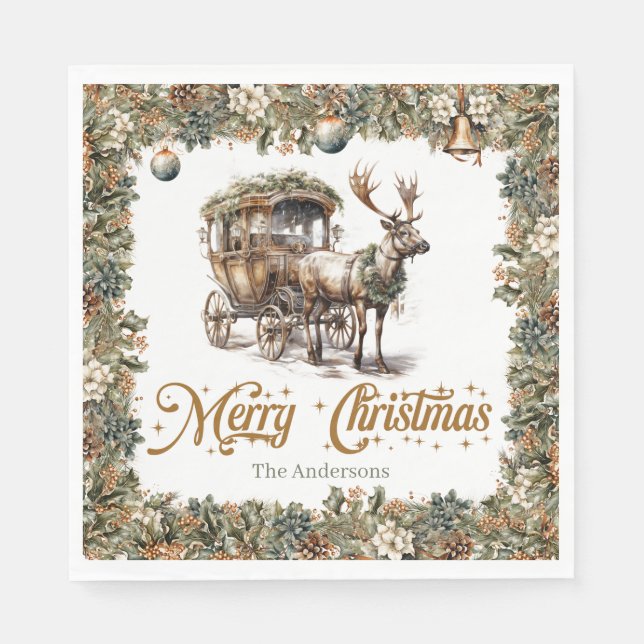 Vintages Grün und Gold Weihnachtsschleiie Serviette (Vorderseite)