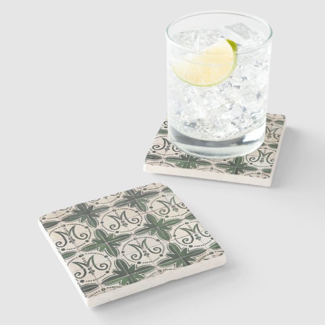 Vintages grünes Azulejo Steinuntersetzer (Seitenansicht)