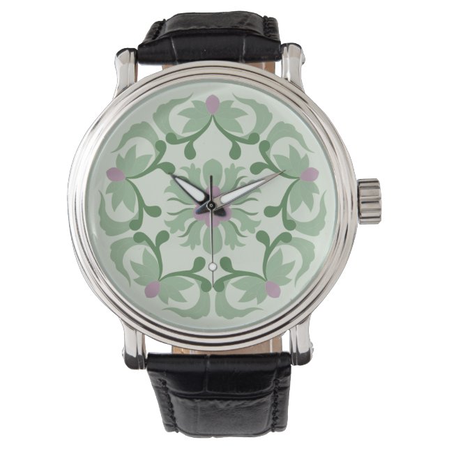Vintages grünes Lotusmuster Armbanduhr (Vorderseite)