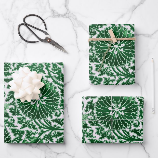 Vintages grünes Zierblumenmuster Geschenkpapier Set (Vorderseite)