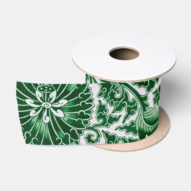 Vintages grünes Zierblumenmuster Satinband (Spule)