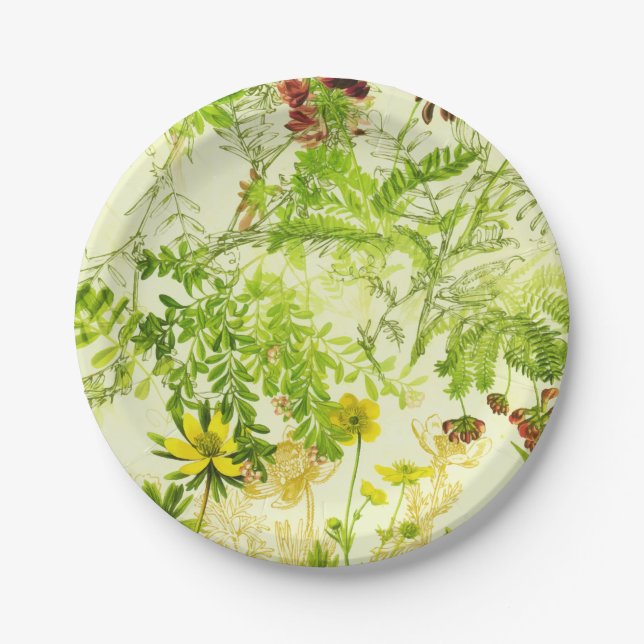 Vintages Grünwald Botanische Blätter Wildblume Pappteller (Vorderseite)