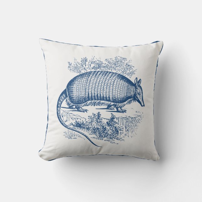 Vintages Gürteltier-Antike Woodblock Blau Kissen (Vorderseite)