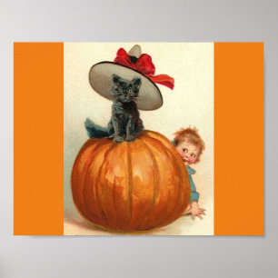 Vintages Halloween Black Cat Hexenhut Pumpkin Baby Poster