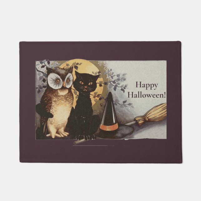 Vintages Halloween Black Cat & Owl Hexenhut Moon Fußmatte (Vorderseite)