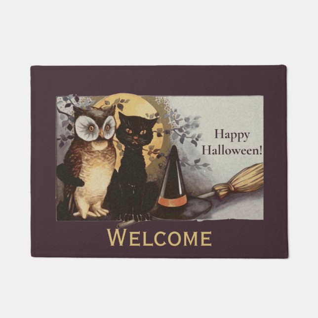 Vintages Halloween Black Cat & Owl Hexenhut Moon Fußmatte (Vorderseite)